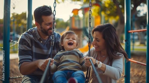 A mother and father pushing their giggling toddler on a swing set at the playground. photo
