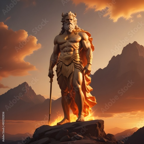 Golden god standing in the mountains bathed in golden sunlight.