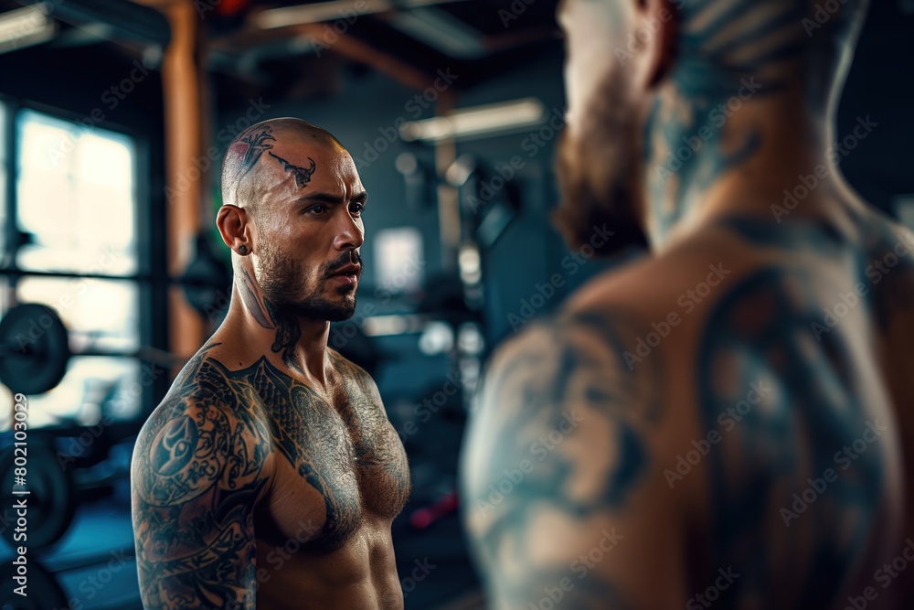 Two men with tattoos on their arms are standing in a gym Two men with tattoos on their arms are standing in a gym