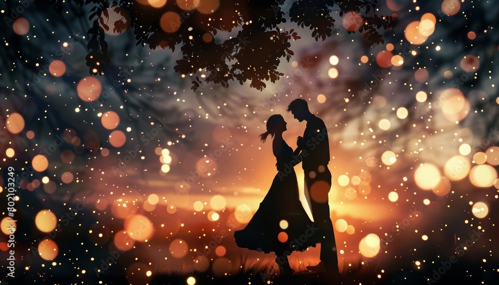 Silhouette of a couple dancing under a canopy of twinkling stars, captured in a moment of perfect harmony, Sharpen closeup highdetail realistic concept good mood tone