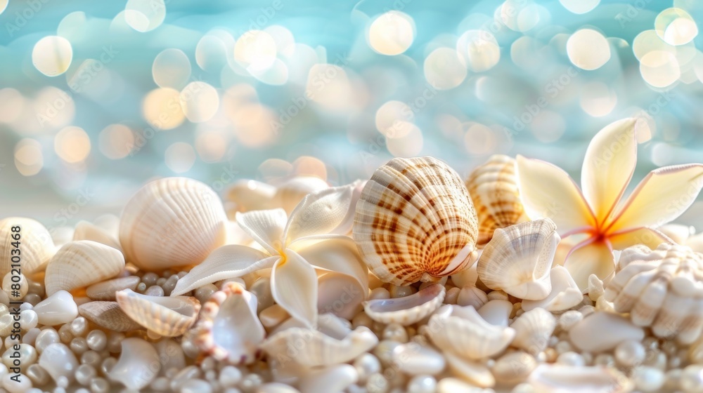 An intimate close-up of tropical shells and frangipani flowers against a soft bokeh beach backdrop. An intimate close-up of tropical shells and frangipani flowers against a soft bokeh beach backdrop.