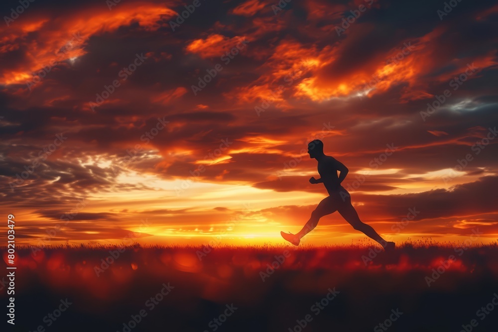 Silhouette of an athlete sprinting with fierce determination during a dramatic sunrise, emphasizing strength and motion, Sharpen closeup highdetail realistic concept good mood tone