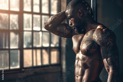 A man with tattoos on his arms and chest stands in front of a window