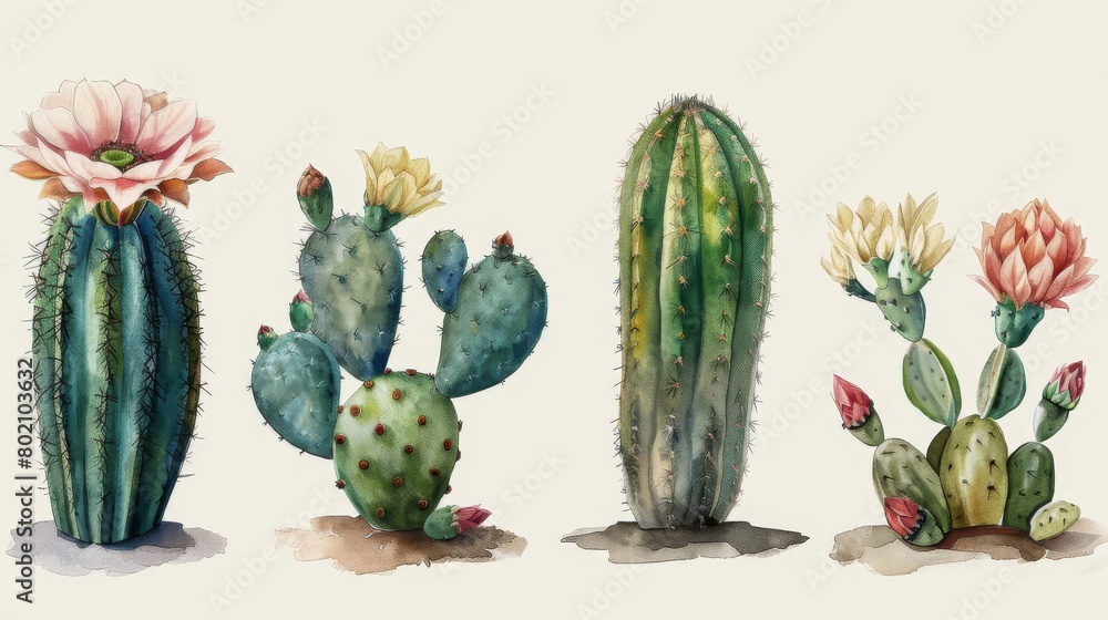 Fototapeta premium A variety of cacti in a watercolor style. The cacti are all different shapes and sizes, and some of them have flowers.
