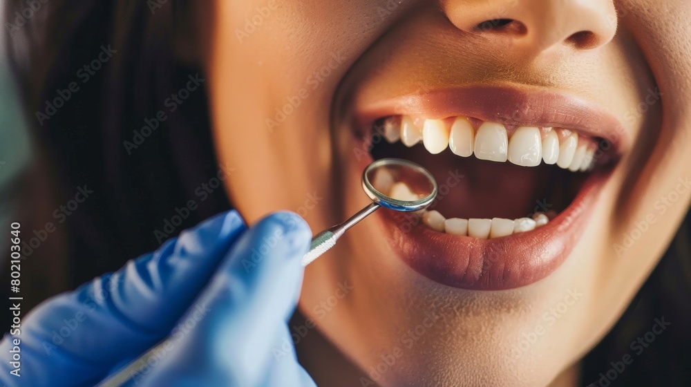Obraz premium Smiling female patient receiving a dental check-up, showcasing healthy teeth, with a dentist using a dental mirror.