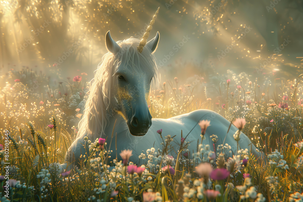 hyper realistic and very detailed white unicorn covered with white gold