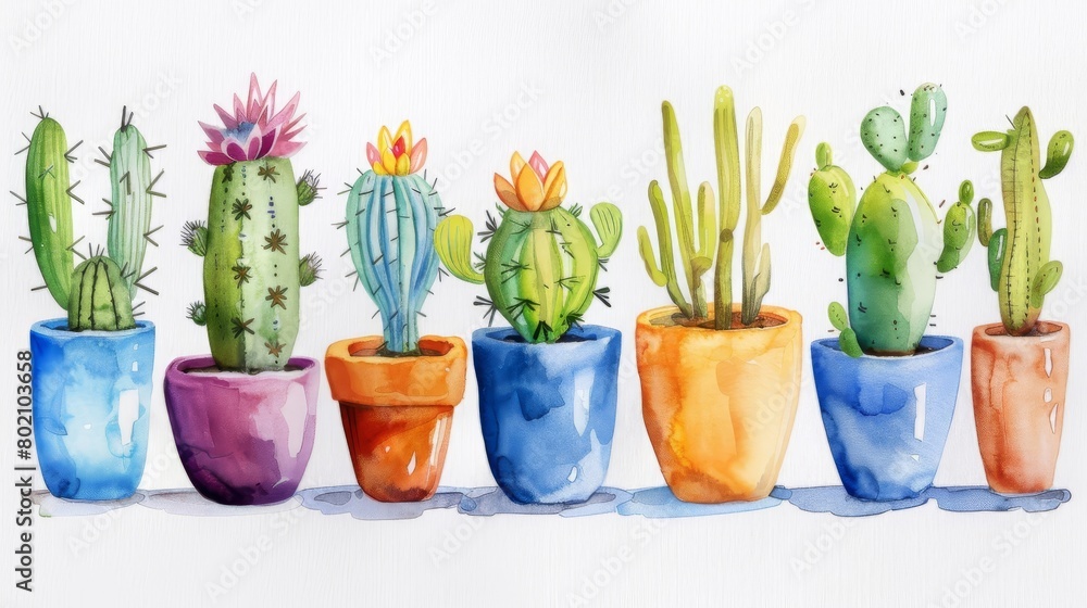 A variety of cacti in pots painted in watercolor.