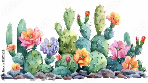 A variety of cacti in a desert setting photo
