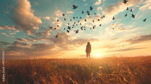A person standing in an open field, releasing a flock of doves into the sky. photo