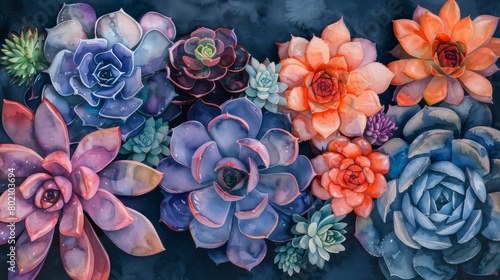 A variety of succulents painted in watercolor. Echeveria, sempervivum, and kalanchoe. Pink, blue and orange colors. © cheewarat