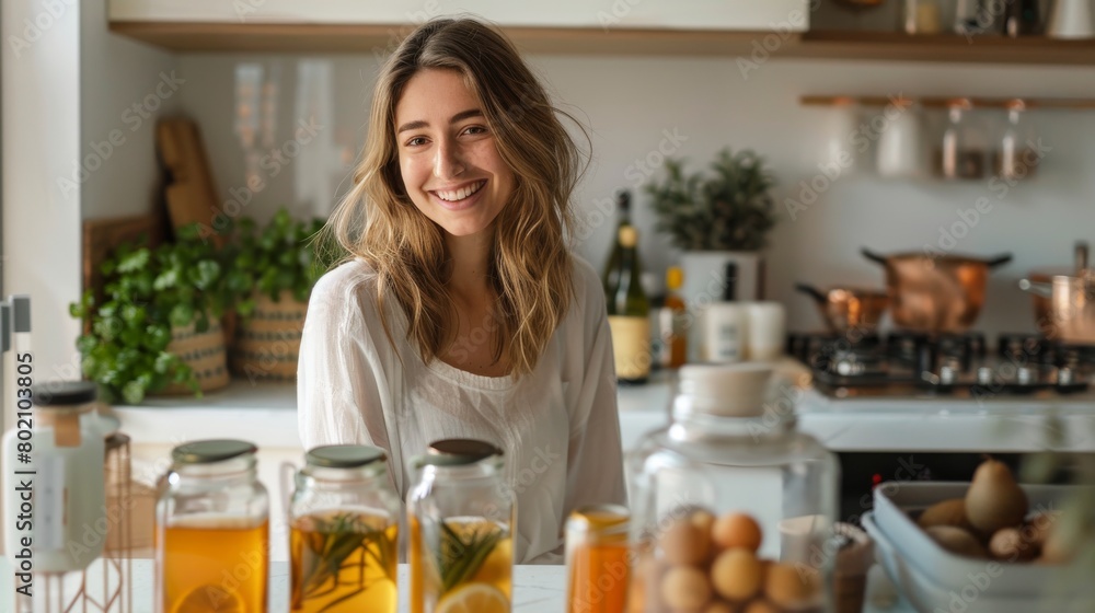 Happy and smiling young woman making Kombucha drink at modern home. Healthy natural probiotic drink. Generative ai Happy and smiling young woman making Kombucha drink at modern home. Healthy natural probiotic drink. Generative ai