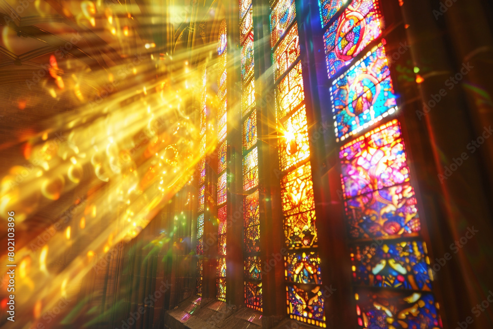 Sunlight streaming through a colorful stained glass window in a historic cathedral.