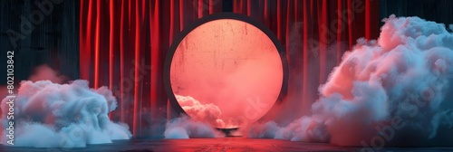 The red curtain and clouds flying in front of a circle shape provide a theatrical feel to the blank space for mockup product display, Sharpen 3d rendering background photo