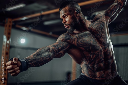 A man with tattoos on his arms and chest is doing a push up