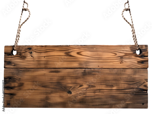 Empty wooden signboard with a natural pattern, hanging by a frayed rope, isolated on a white background. photo