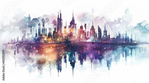 The strange allure of an underwater metropolis is presented through a cyber watercolor painting  Clipart isolated on white background strange style hitech ultrafashionable