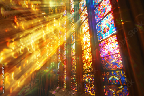 Sunlight streaming through a colorful stained glass window in a historic cathedral. © Muhammad