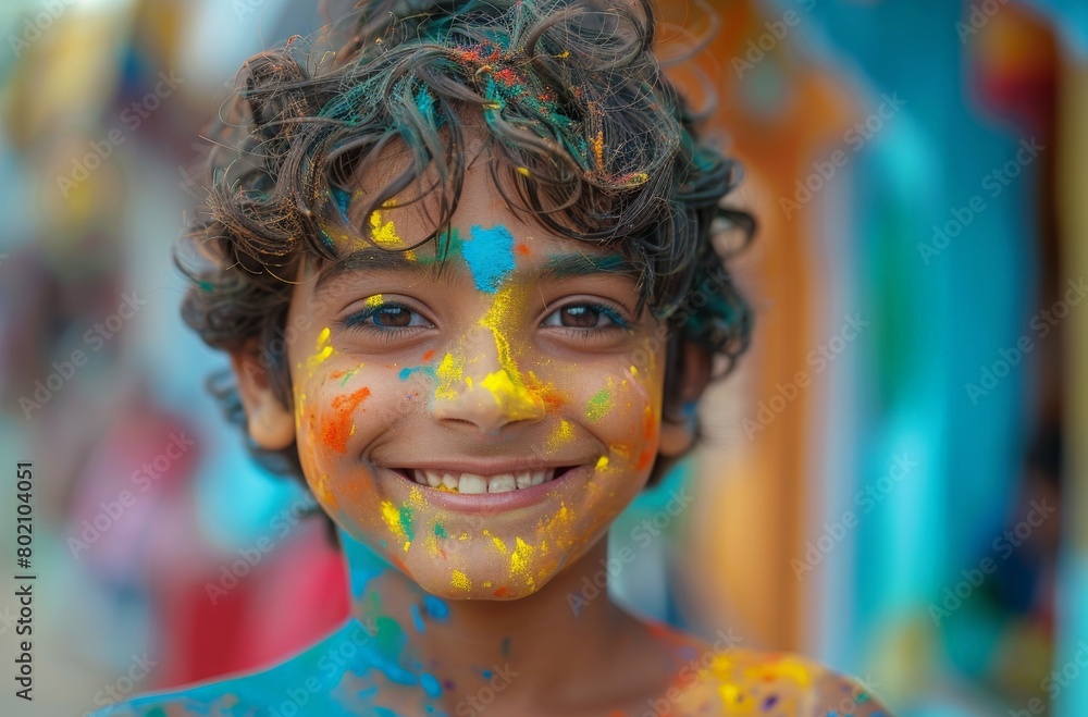 A joyful young boy covered in vibrant colors of Holi festival, expressing happiness and celebration A joyful young boy covered in vibrant colors of Holi festival, expressing happiness and celebration