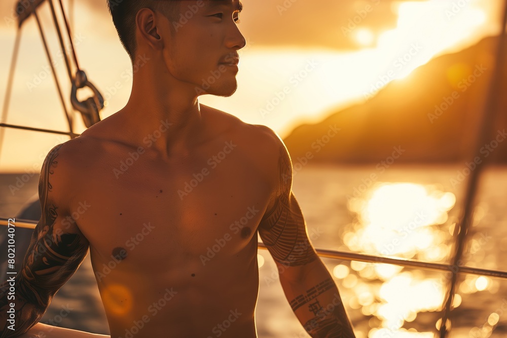 A man with tattoos on his arms stands on a boat in the ocean