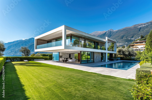 Modern villa with a large lawn  white walls and a concrete floor  swimming pool on the right side of the house  overlooking mountains in the distance  blue sky