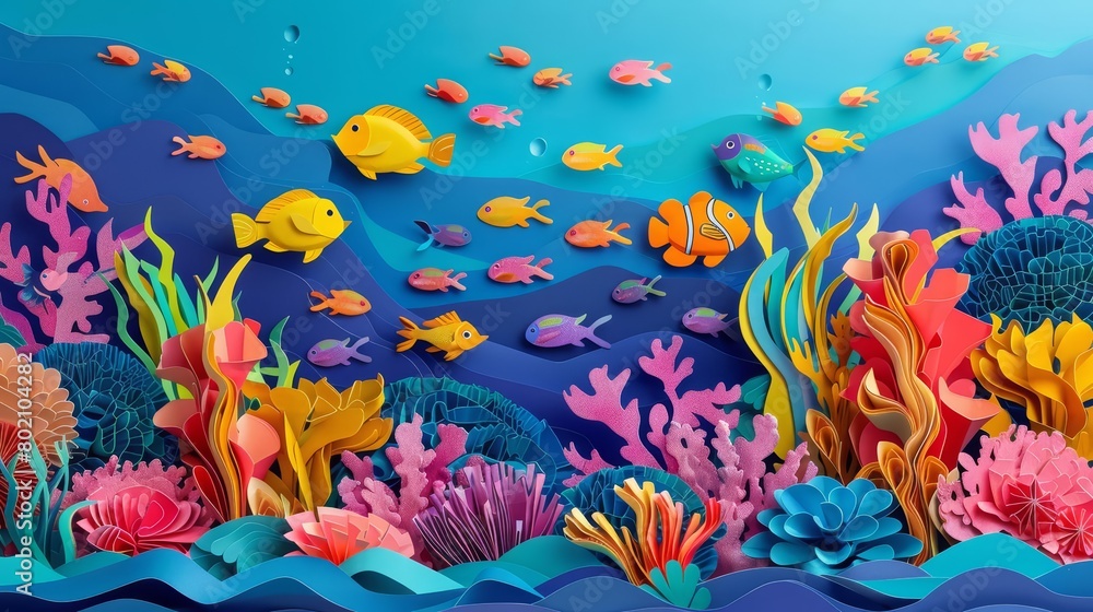 Underwater scene where colorful coral reefs teem with diverse fish, crafted entirely from vibrant paper layers, paper art style concept