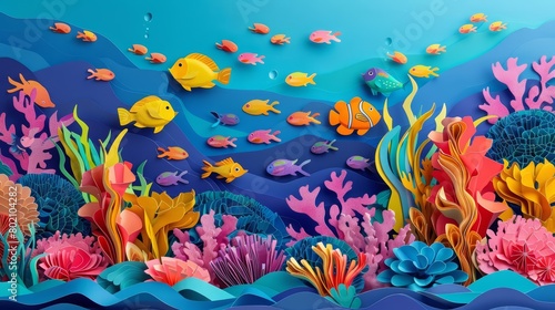 Underwater scene where colorful coral reefs teem with diverse fish, crafted entirely from vibrant paper layers, paper art style concept © Sweettymojidesign