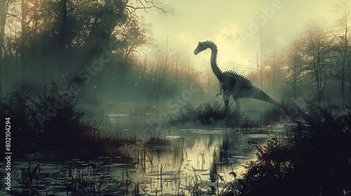 An eerie scene of a Therizinosaurus wandering through a foggy swamp photo