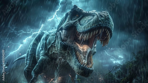 Fototapeta Naklejka Na Ścianę i Meble -  A dinosaur roaring standing in the rain and lightning.