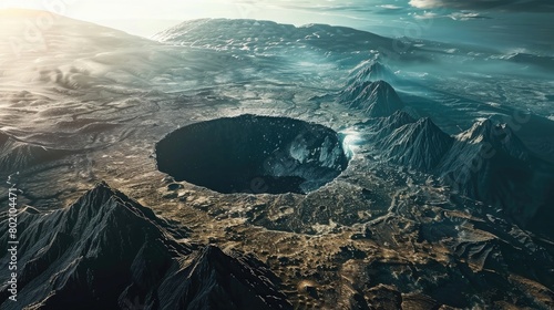 A picturesque view of an asteroid impact crater, its vast size and dramatic landscape showcasing the power of these celestial bodies on International Asteroid Day.