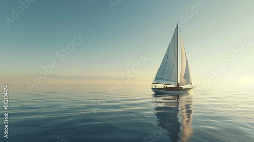 A sailboat gliding across calm waters, its white sail billowing.