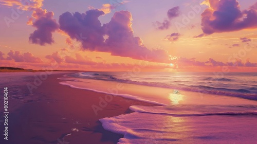 A sandy beach at sunset, with vibrant hues painting the sky.