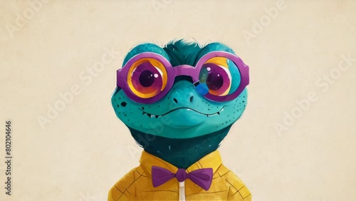 A cartoon illustration of a happy looking green lizard wearing purple glasses, a yellow shirt, and a purple bowtie. AI. photo