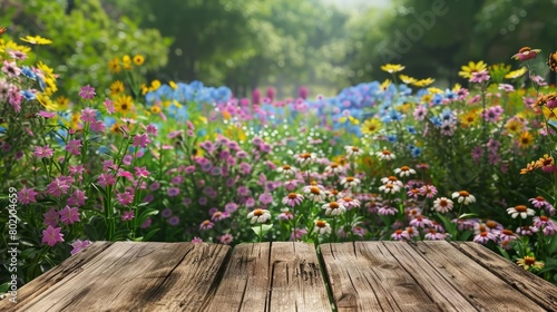 Wooden table with an aster garden view presents a colorful display of nature s beauty, Sharpen 3d rendering background