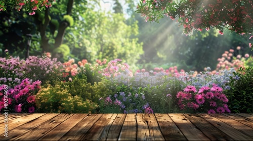 Wooden table with an aster garden view presents a colorful display of nature s beauty  Sharpen 3d rendering background