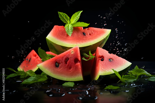 Watermelon and mint are on a black background