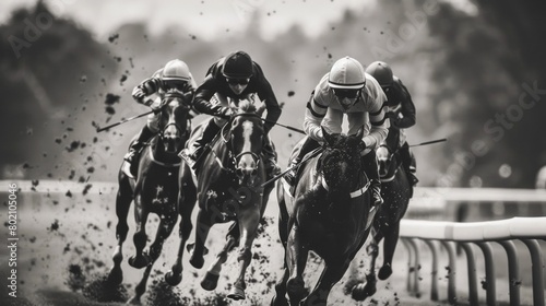 A horse race with three jockeys racing