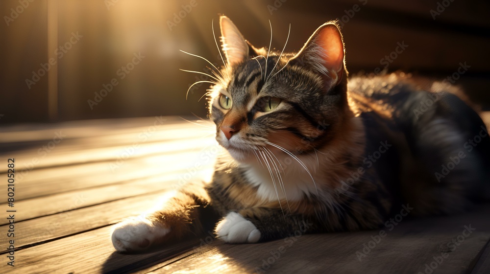 Cute cat lying on wooden floor at sunset, soft focus. Cute cat lying on wooden floor at sunset, soft focus.