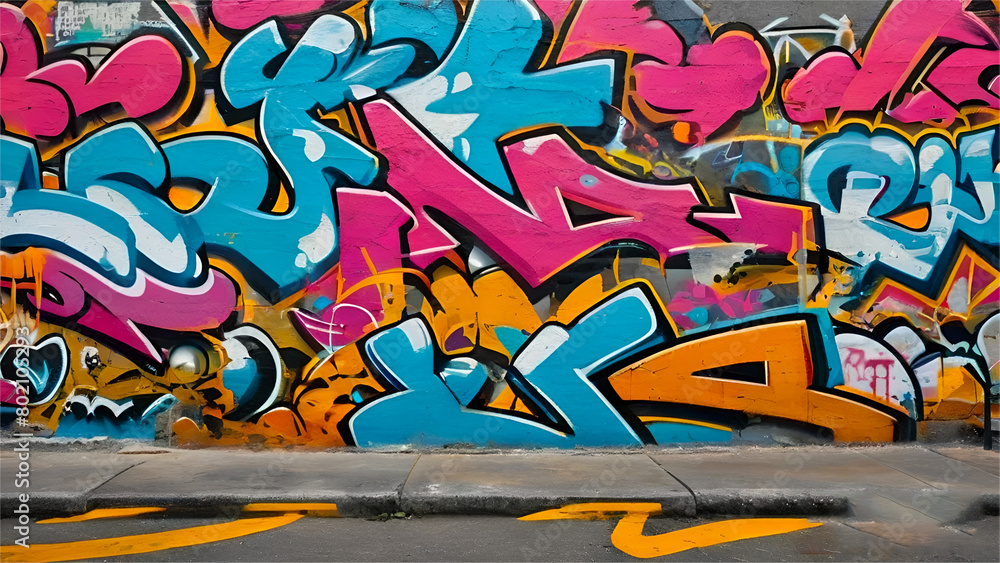 Obraz premium Beautiful colorful graffiti art layered on a weathered concrete wall for background