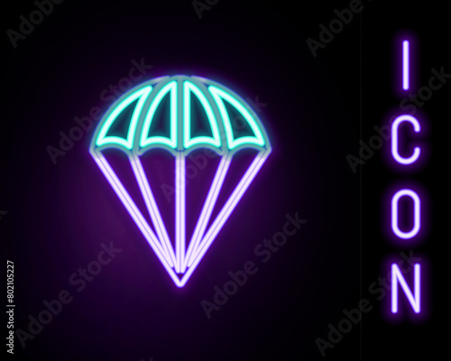 Glowing neon line Parachute icon isolated on black background. Colorful outline concept. Vector