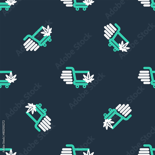 Line Shopping cart with marijuana or cannabis leaf icon isolated seamless pattern on black background. Online buying. Delivery service. Supermarket basket. Vector