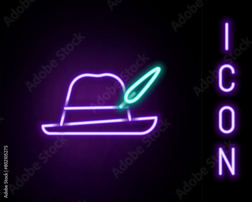 Glowing neon line Oktoberfest hat icon isolated on black background. Hunter hat with feather. German hat. Colorful outline concept. Vector