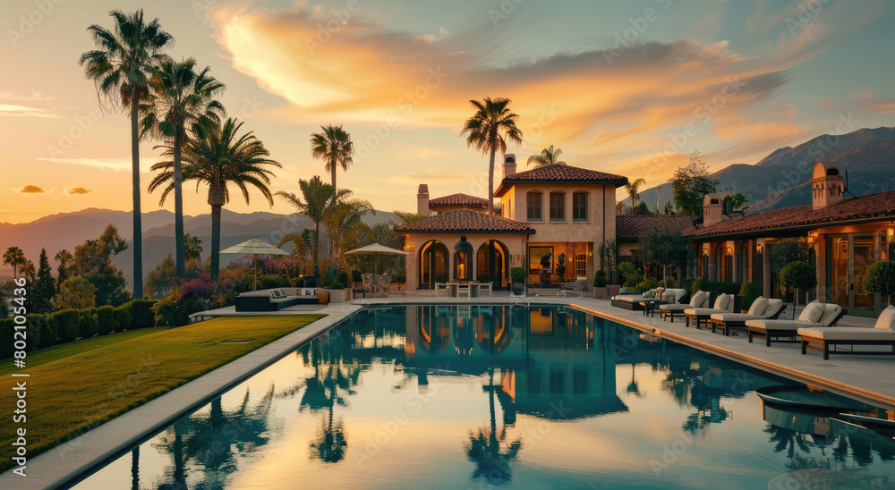 a beautiful house with an outdoor pool and palm trees in the background, California home for sale real estate photography, dusk, sunset.