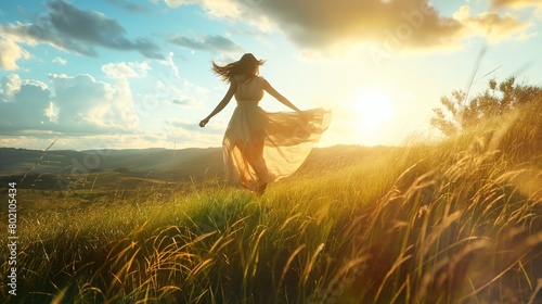 A sundress twirling in the breeze on a sunlit hill. photo