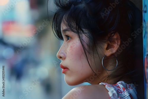 Photograph of Asian woman in the 1980s, lovely looking, in urban. Asian superstar woman in a semi close-up shot. SEA woman's expressive eyes in year 1980.