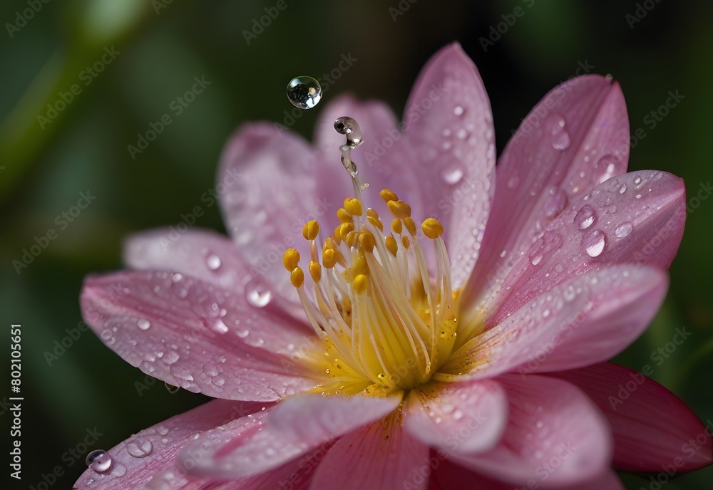 A flower's pink petals glisten with raindrops, revealing a cluster of stamens at its center, generative AI