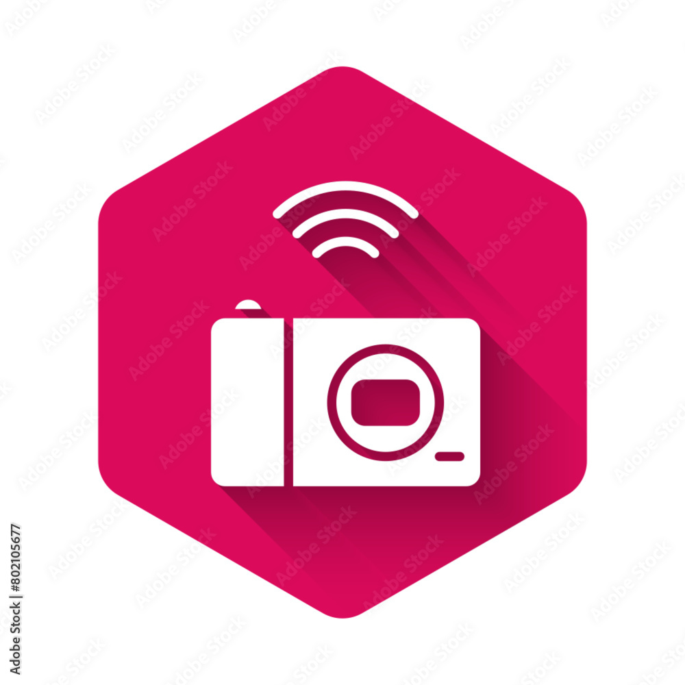 White Smart photo camera system icon isolated with long shadow. Internet of things concept with wireless connection. Pink hexagon button. Vector White Smart photo camera system icon isolated with long shadow. Internet of things concept with wireless connection. Pink hexagon button. Vector