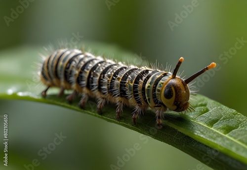 A caterpillar rests on a green leaf, its segmented body covered in fine hairs, generative AI © Zohaib