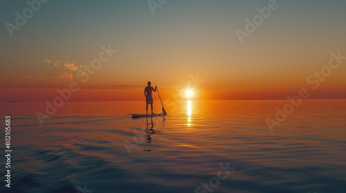 A sunset paddleboarding adventure on calm waters, with warm hues reflecting on the surface. © Scott