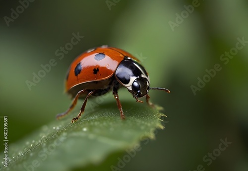 A ladybug perches on a leaf, its red shell glistening, antennae twitching, generative AI