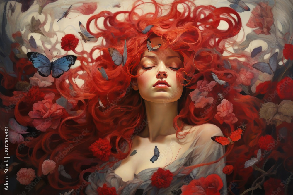 Ethereal art of a woman with vibrant red hair and butterflies amidst flowers Ethereal art of a woman with vibrant red hair and butterflies amidst flowers